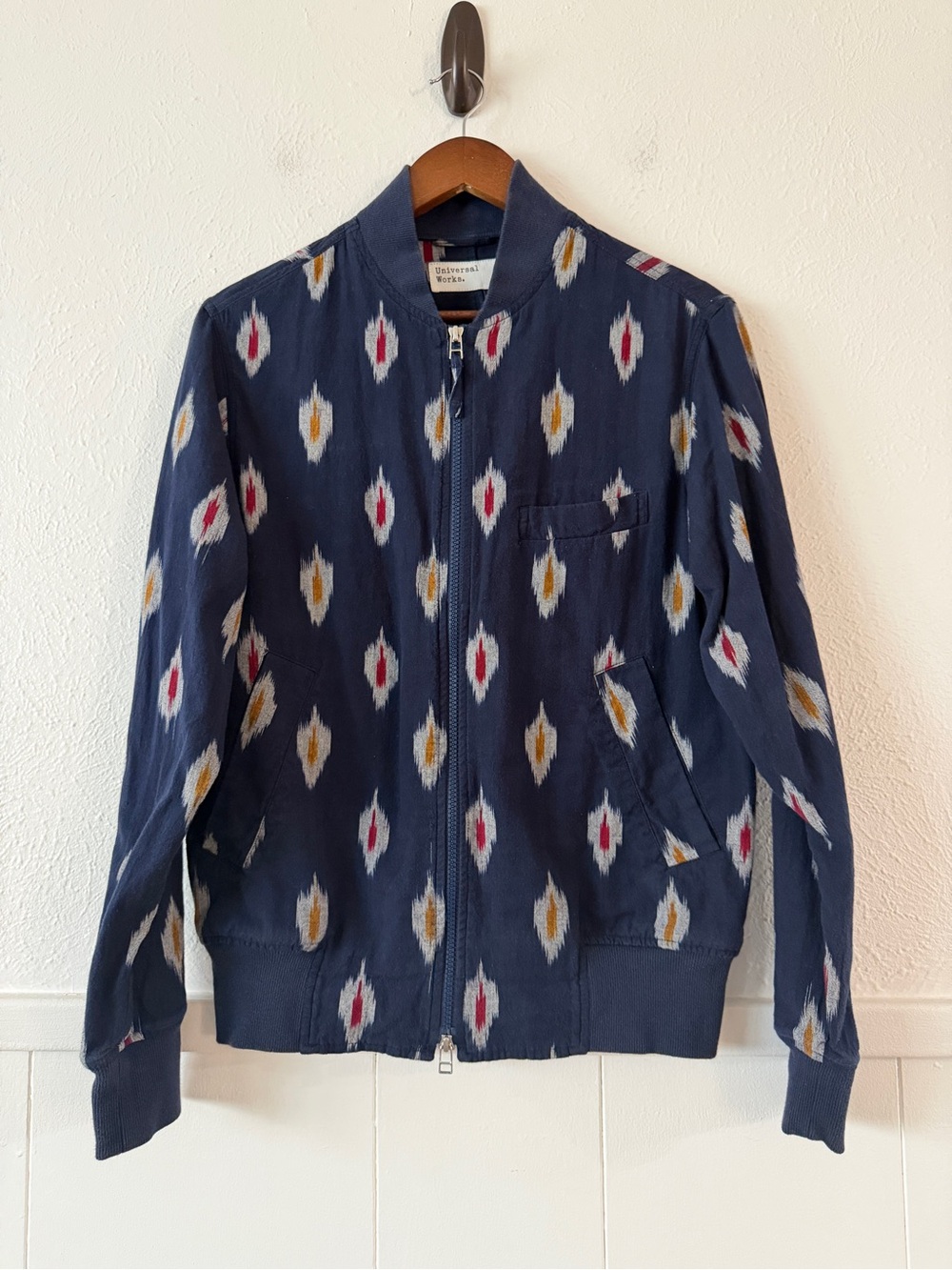 Universal Works Men’s S Ikat Bomber Jacket Navy Blue Cotton Zip Lightweight